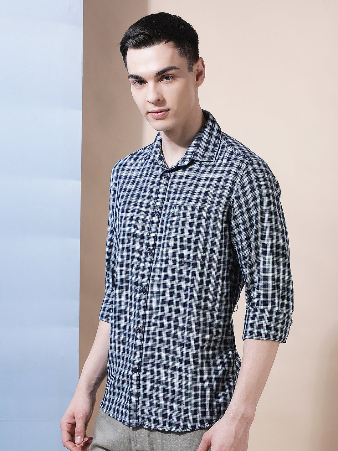 Navy Blue 100% Cotton Checked Shirt