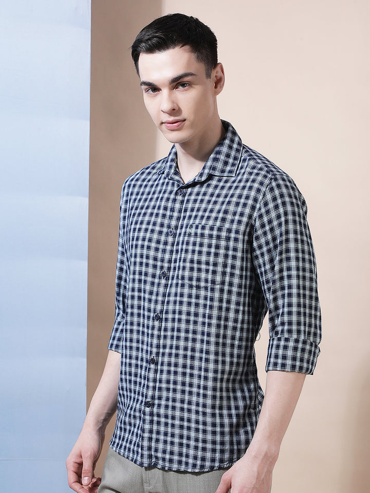 Navy Blue 100% Cotton Checked Shirt