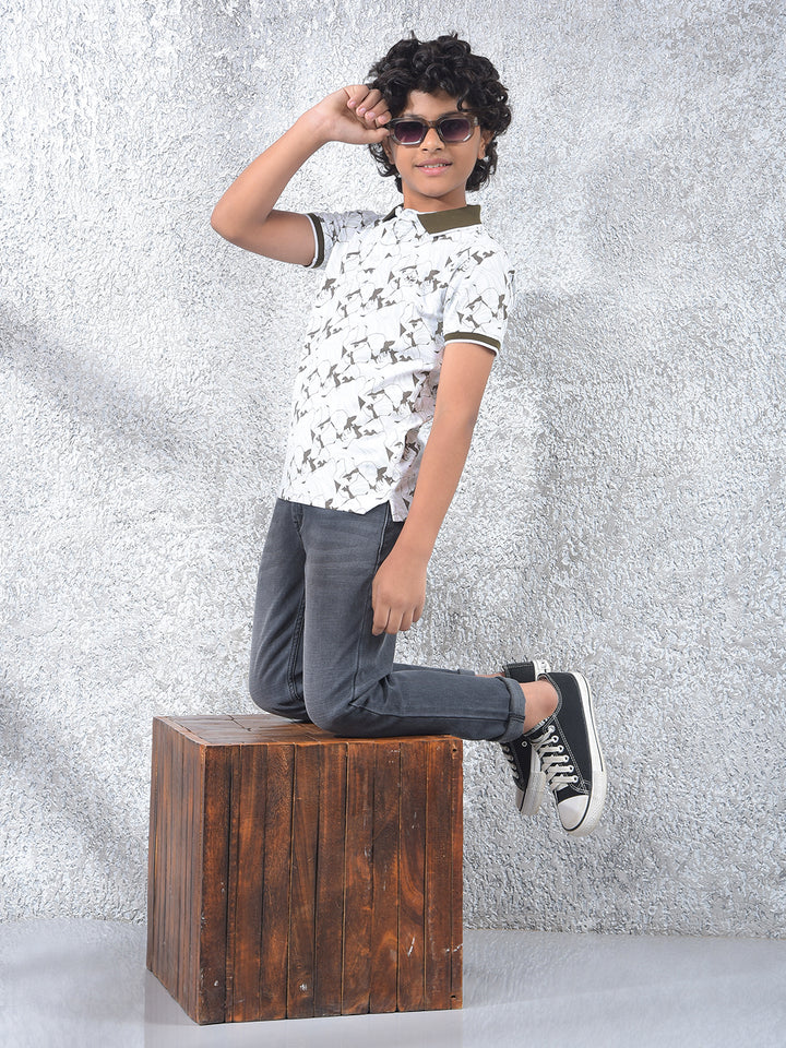 Olive Printed Polo Neck T-Shirt