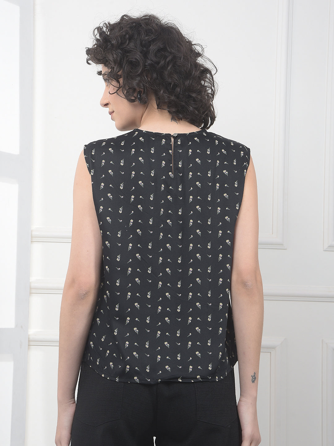 Black Floral Print Sleeveless Modal Top