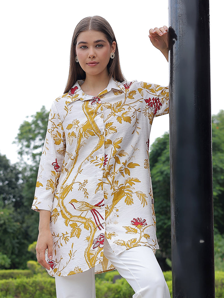 Mustard Floral Print Mid-Thigh Length Shirt