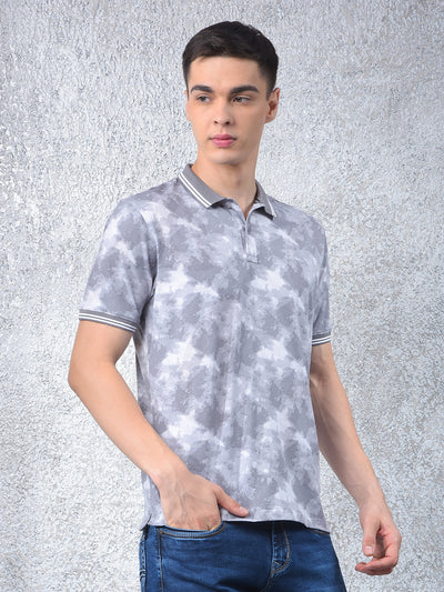 Grey Abstract Print Polo Neck T-Shirt