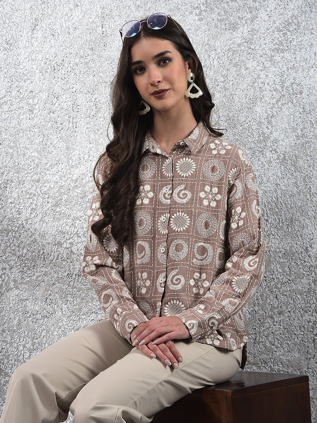 Brown Embroidered Linen Shirt