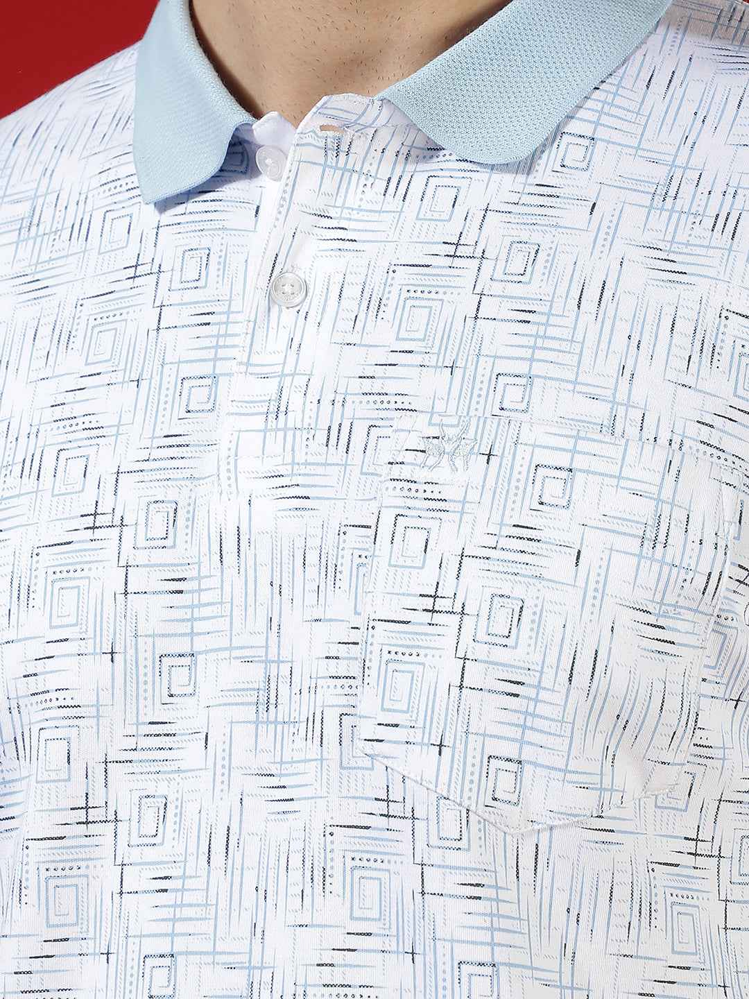 Blue Printed Polo Neck 100% Cotton T-Shirt