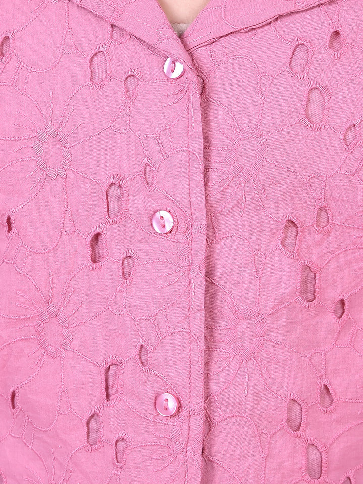 Pink Embellished Resort Collar 100% Cotton Top