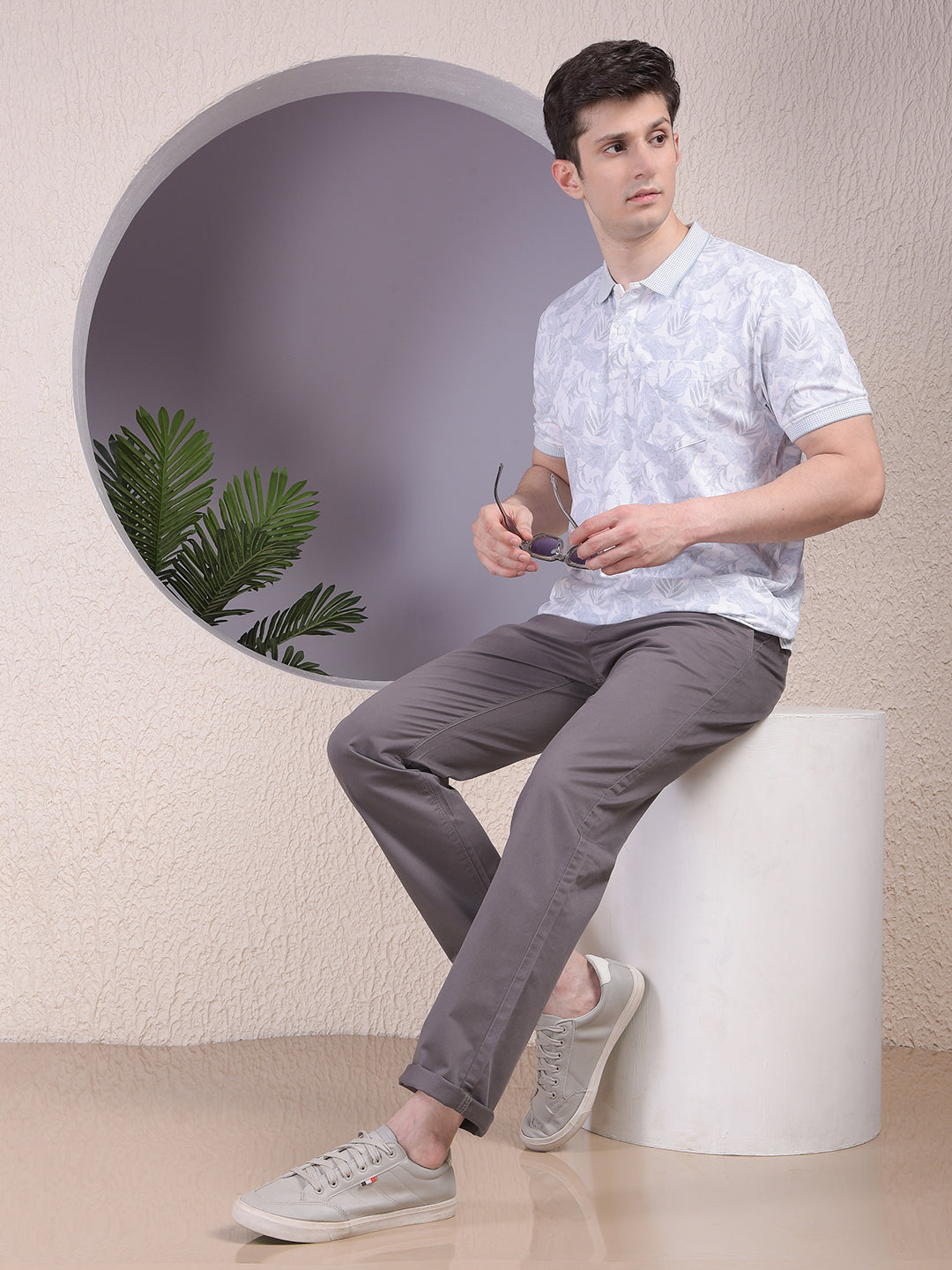 Grey Floral Print Polo-Neck T-Shirt