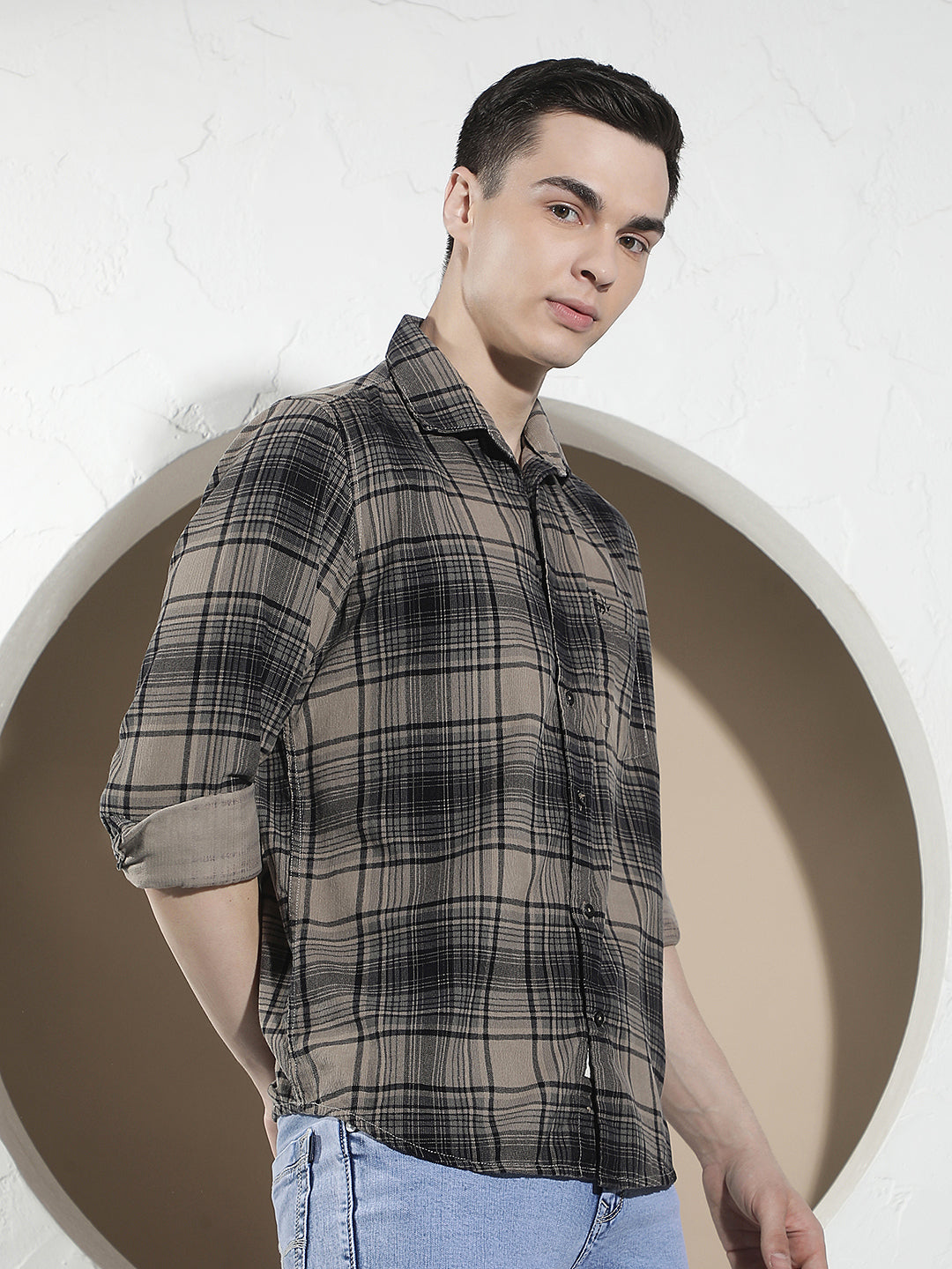 Grey Checked 100% Cotton Corduroy Shirt