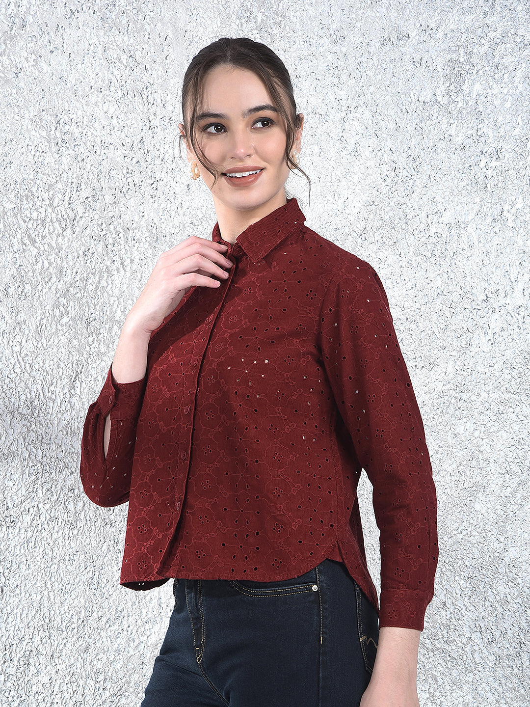 Maroon Embroidered 100% Cotton Shirt
