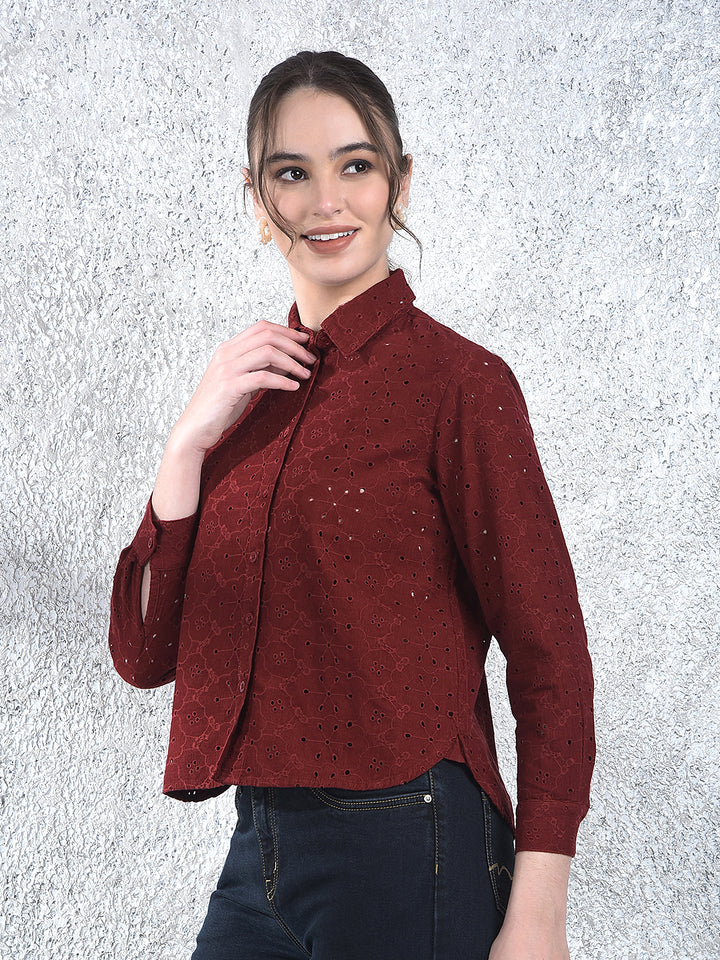 Maroon Embroidered 100% Cotton Shirt