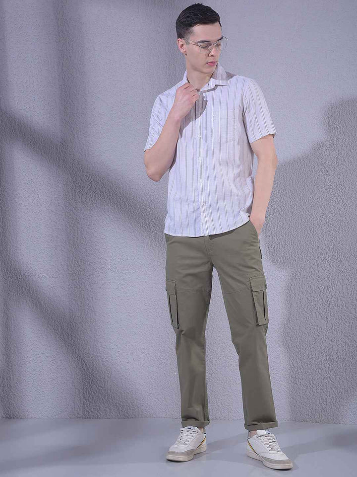 Beige Vertical Striped 100% Cotton Shirt
