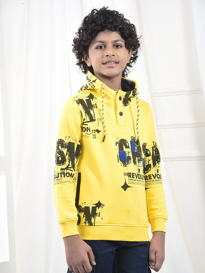 Yellow Typographic Print Hooded Neck Sweatshirt