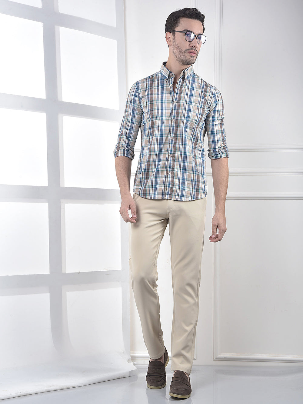 Brown Checked 100% Cotton Button-Down Collar Shirt