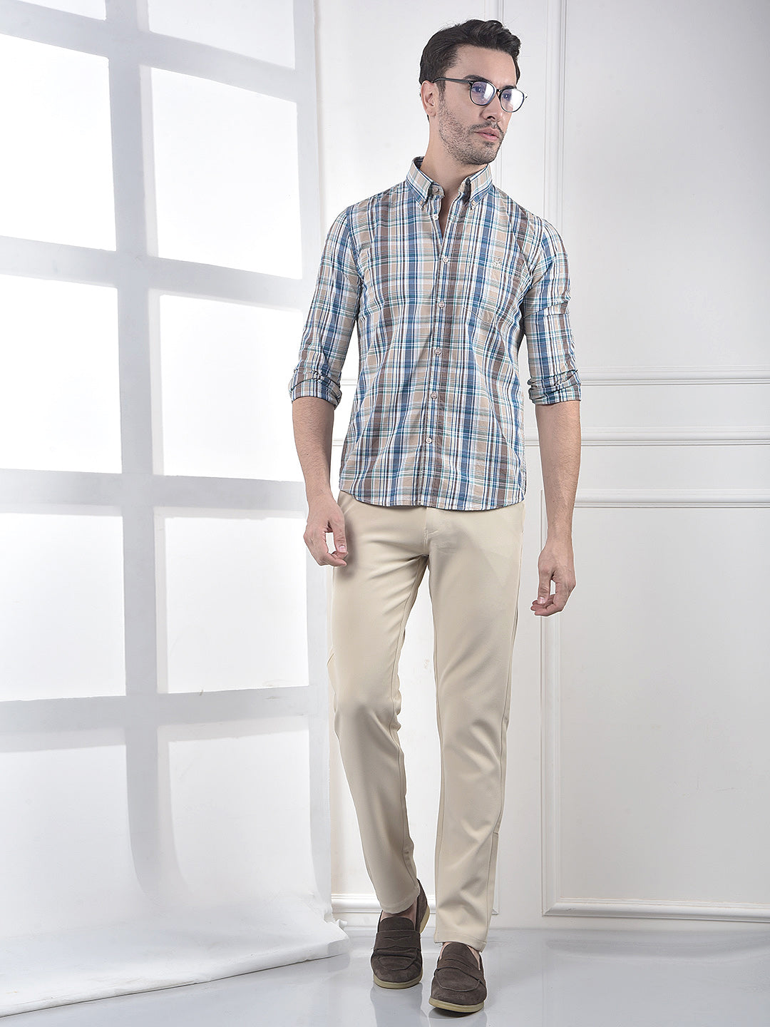 Brown Checked 100% Cotton Button-Down Collar Shirt