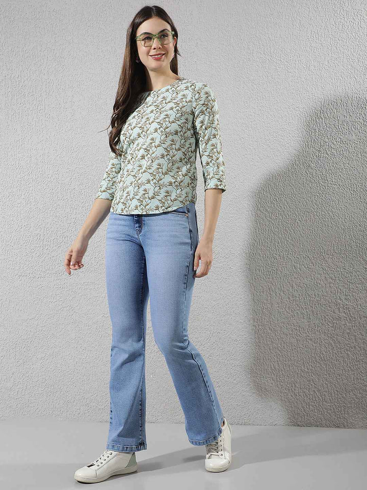 Green Linen Round Neck Floral Printed Top