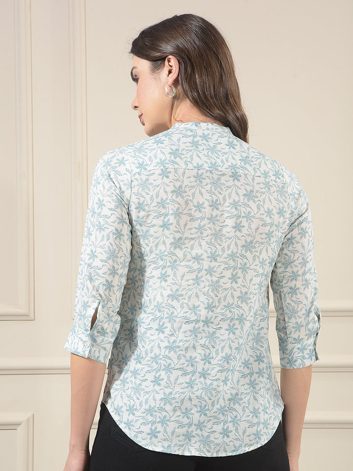 Green Floral Print V-Neck Linen Shirt