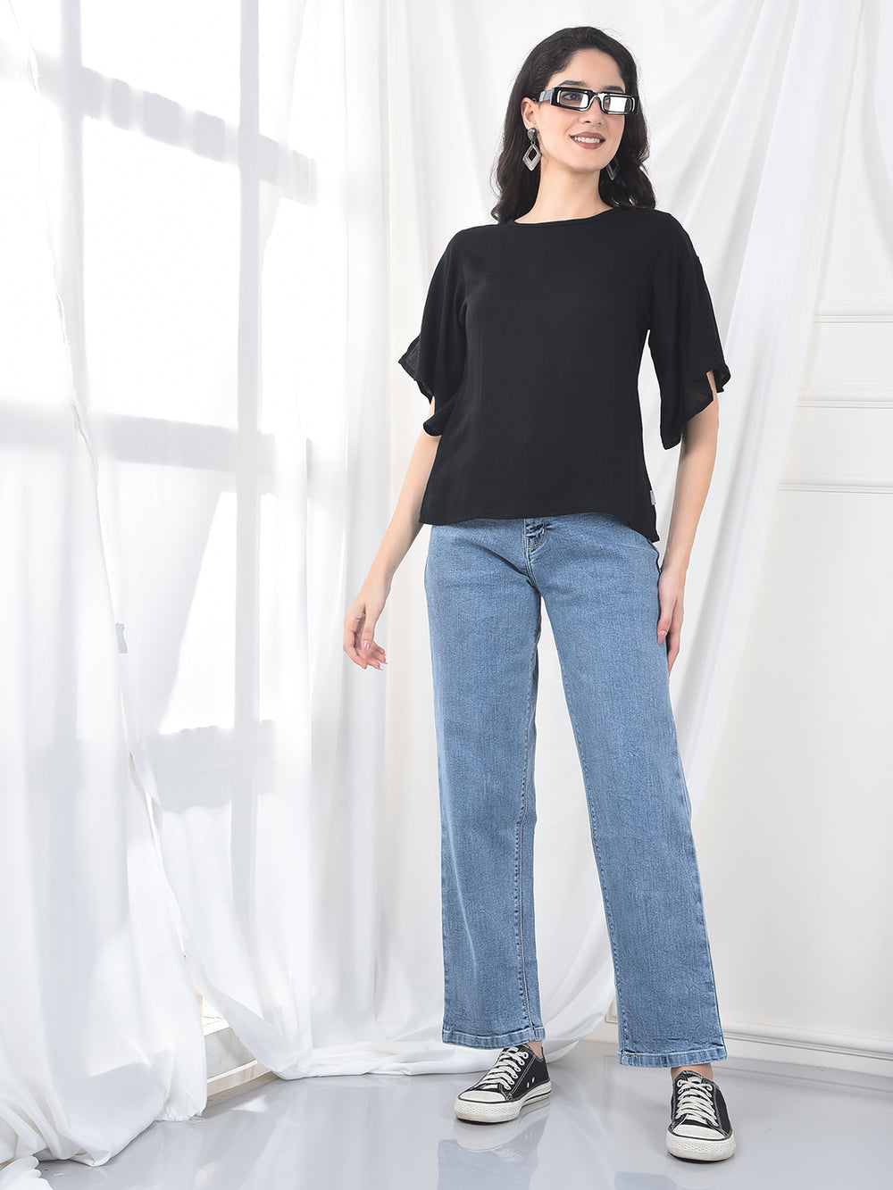 Black Crepe Flutter Sleeve Top