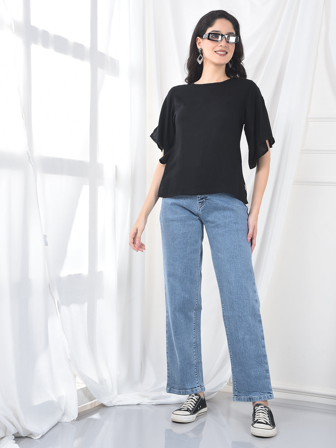 Black Crepe Flutter Sleeve Top