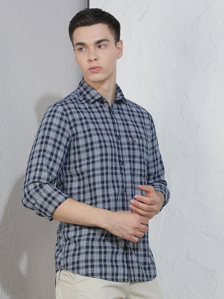 Navy Blue Checked 100% Cotton Shirt