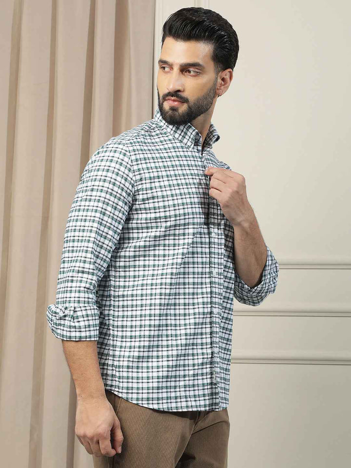 100% Cotton Green Checked Button Down Collar Shirt