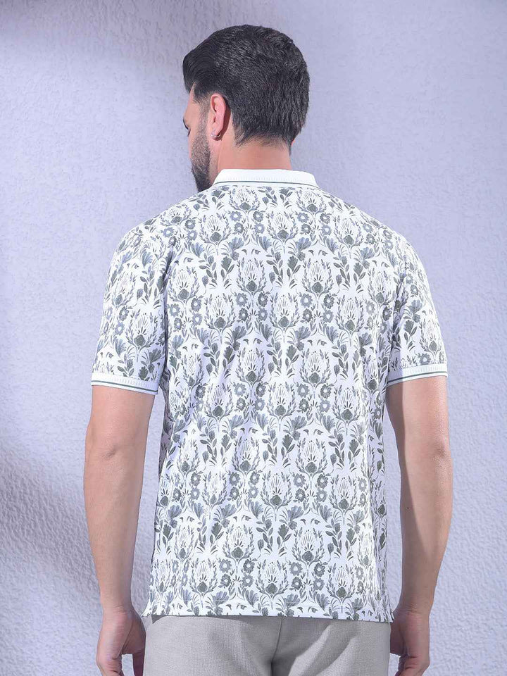 Green Floral Print Polo Neck T-Shirt