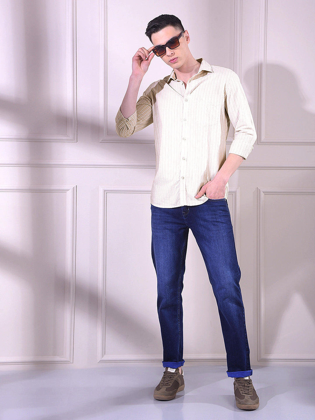 Beige 100% Cotton Vertical Stripes Shirt