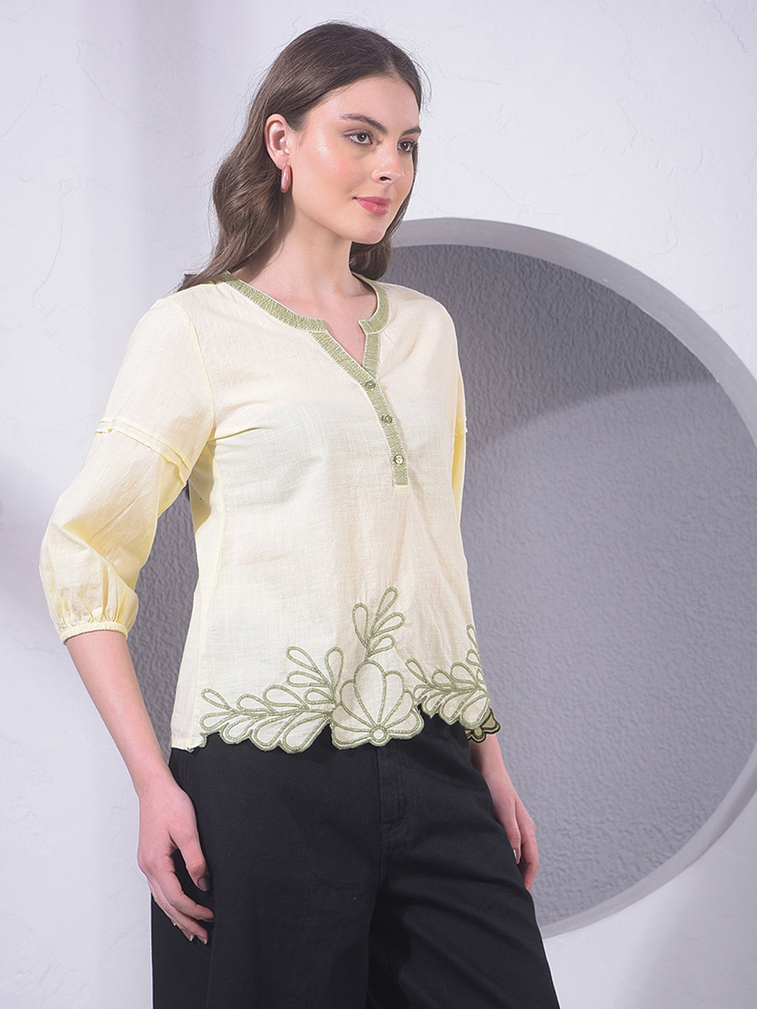 Yellow Embroidered V-Neck 100% Cotton Top