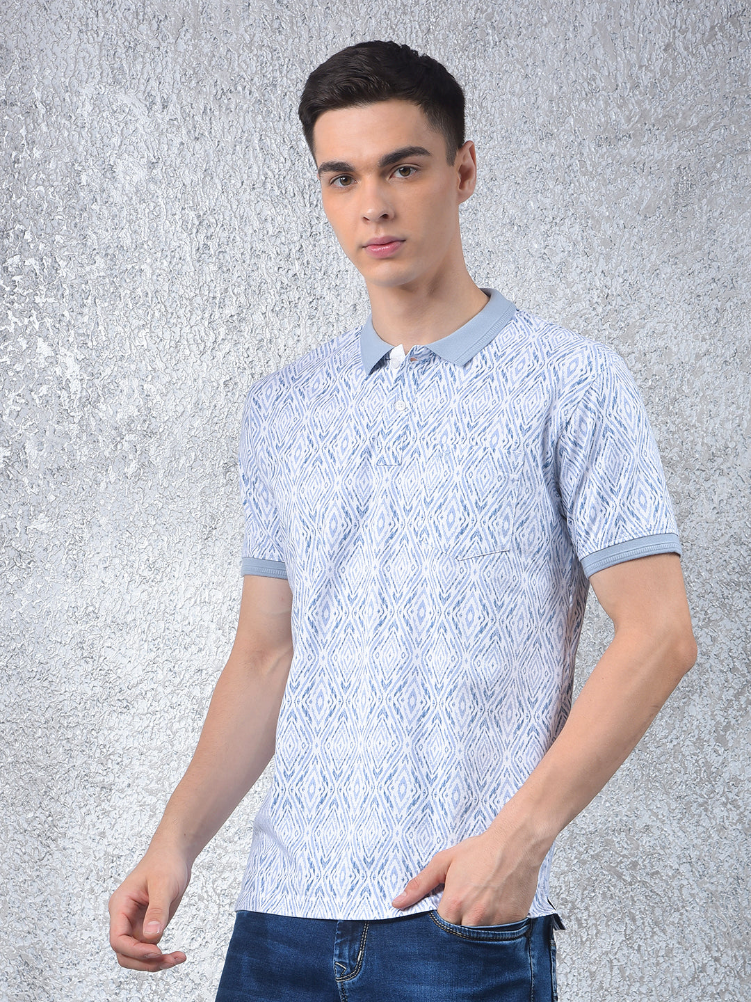 Blue Printed Polo Neck T-Shirt