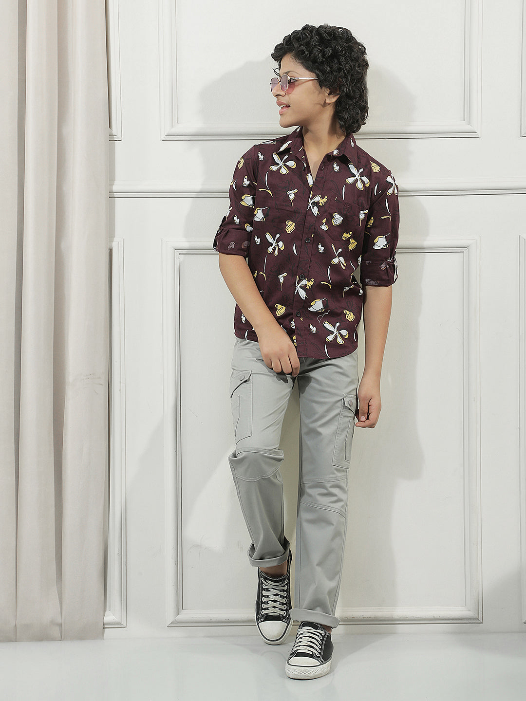 Maroon 100% Cotton Floral Print Shirt