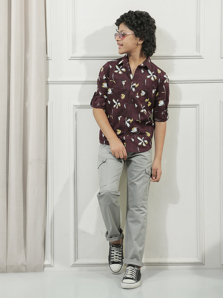 Maroon 100% Cotton Floral Print Shirt
