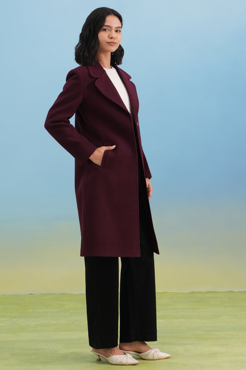 Wine Notched-Lapel Over-Coat