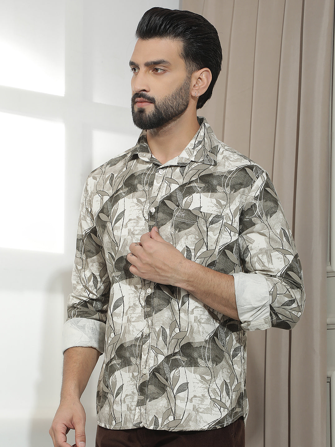 Brown 100% Cotton Botanical Printed Corduroy Shirt