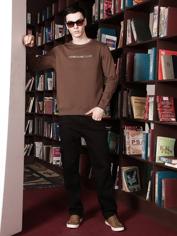 Brown Typographic Print Round Neck Sweatshirt