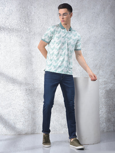 Green Floral Print Polo Neck T-Shirt