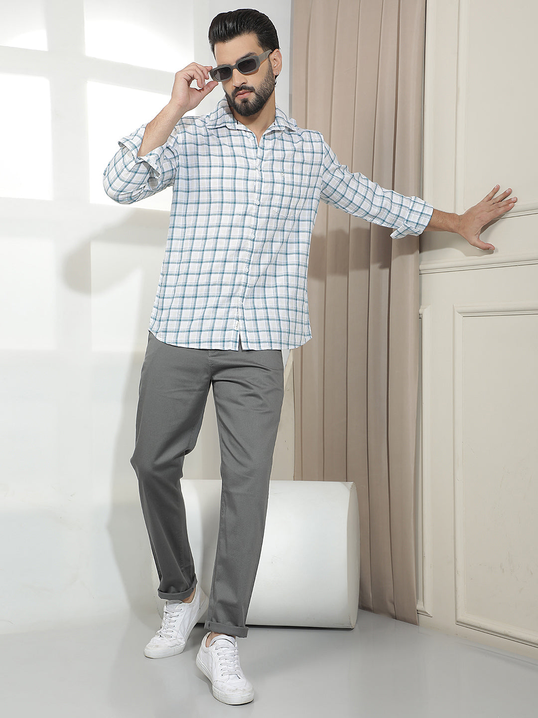 Teal Green Linen Checked Shirt