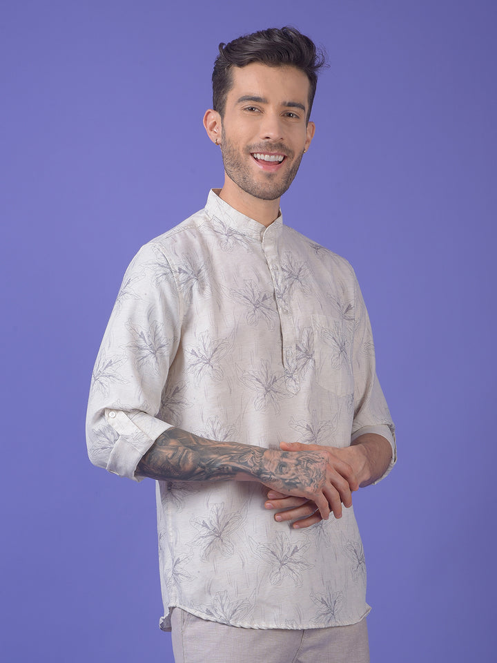 Green Floral Print Linen Kurta
