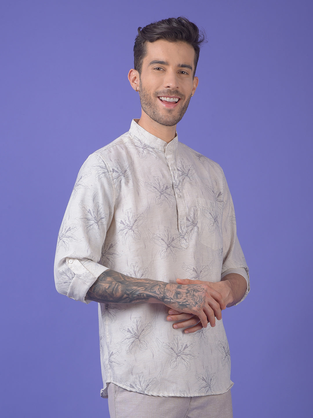Green Floral Print Linen Kurta
