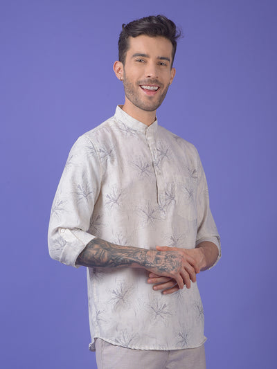 Green Floral Print Linen Kurta