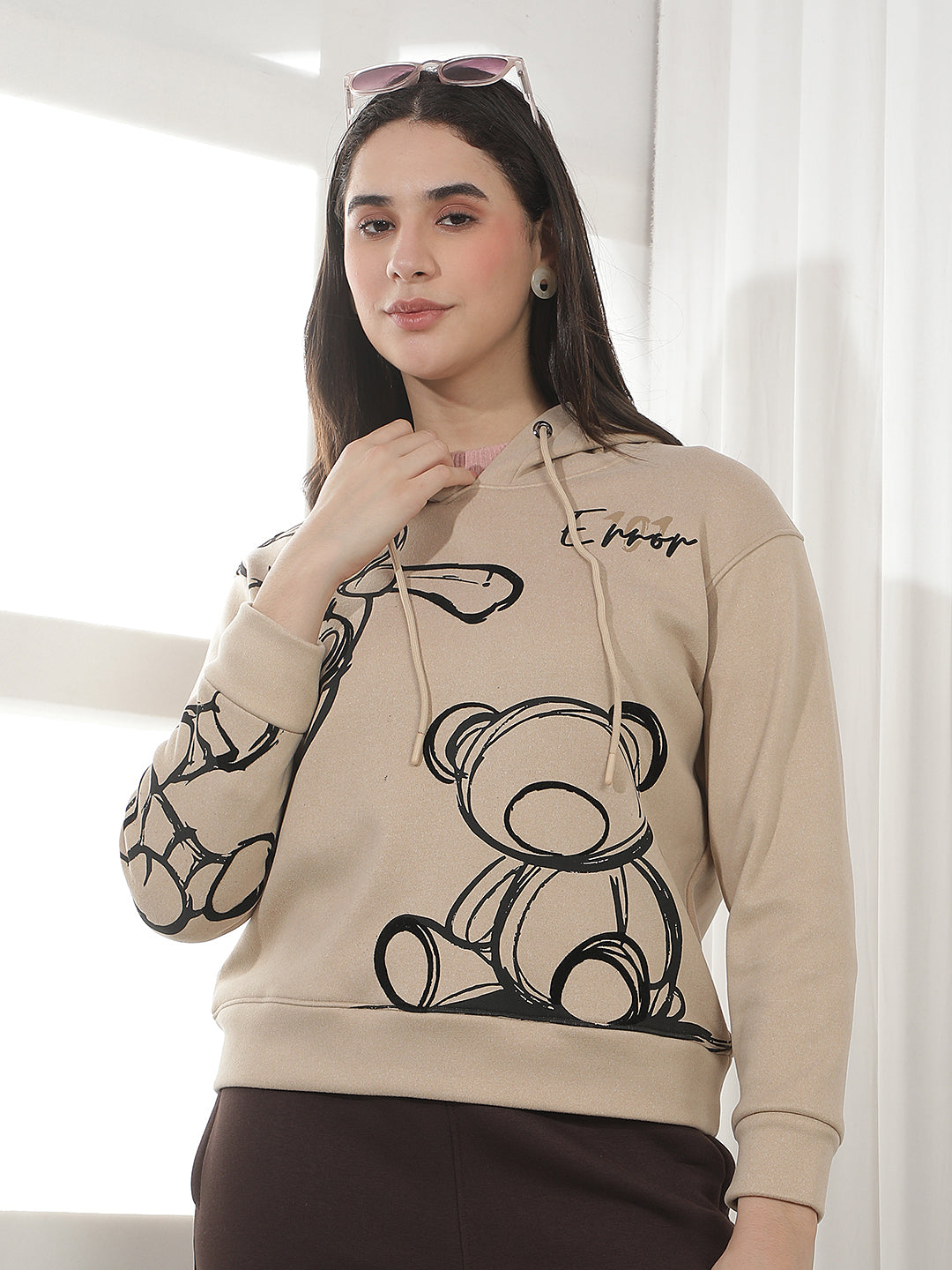 Beige Graphic Print Hooded Sweatshirt
