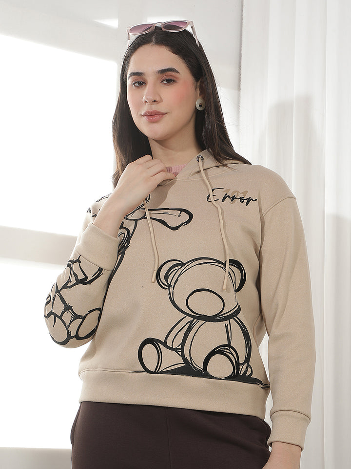 Beige Graphic Print Hooded Sweatshirt