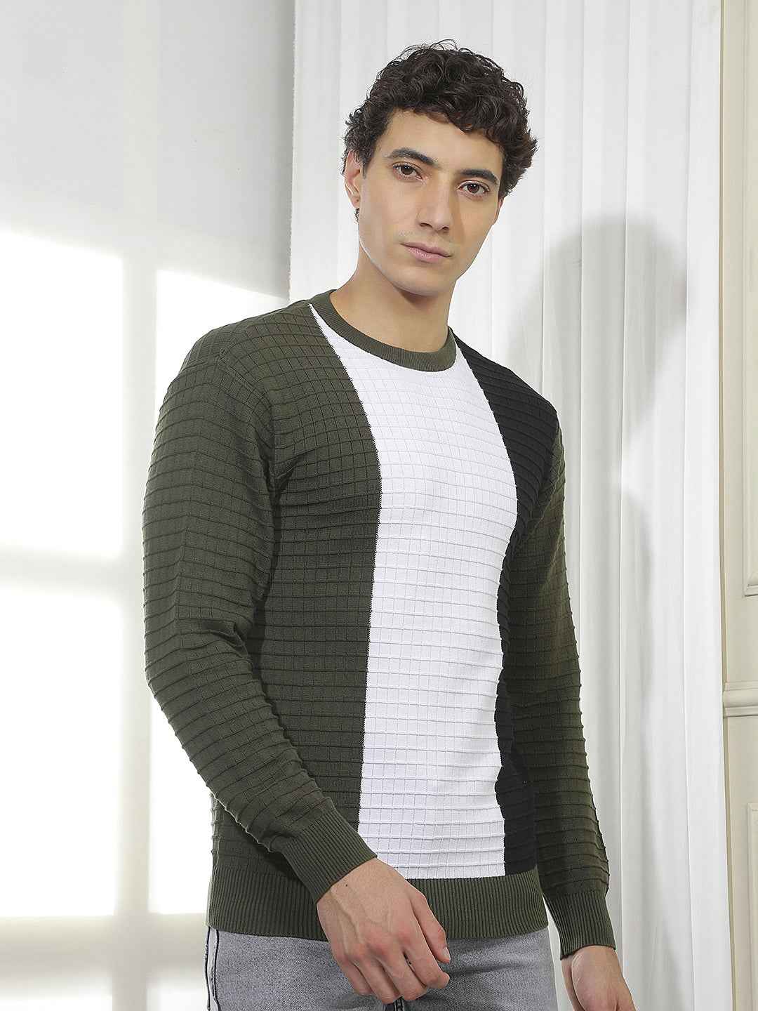 Color-Blocked 100% Cotton Sweater