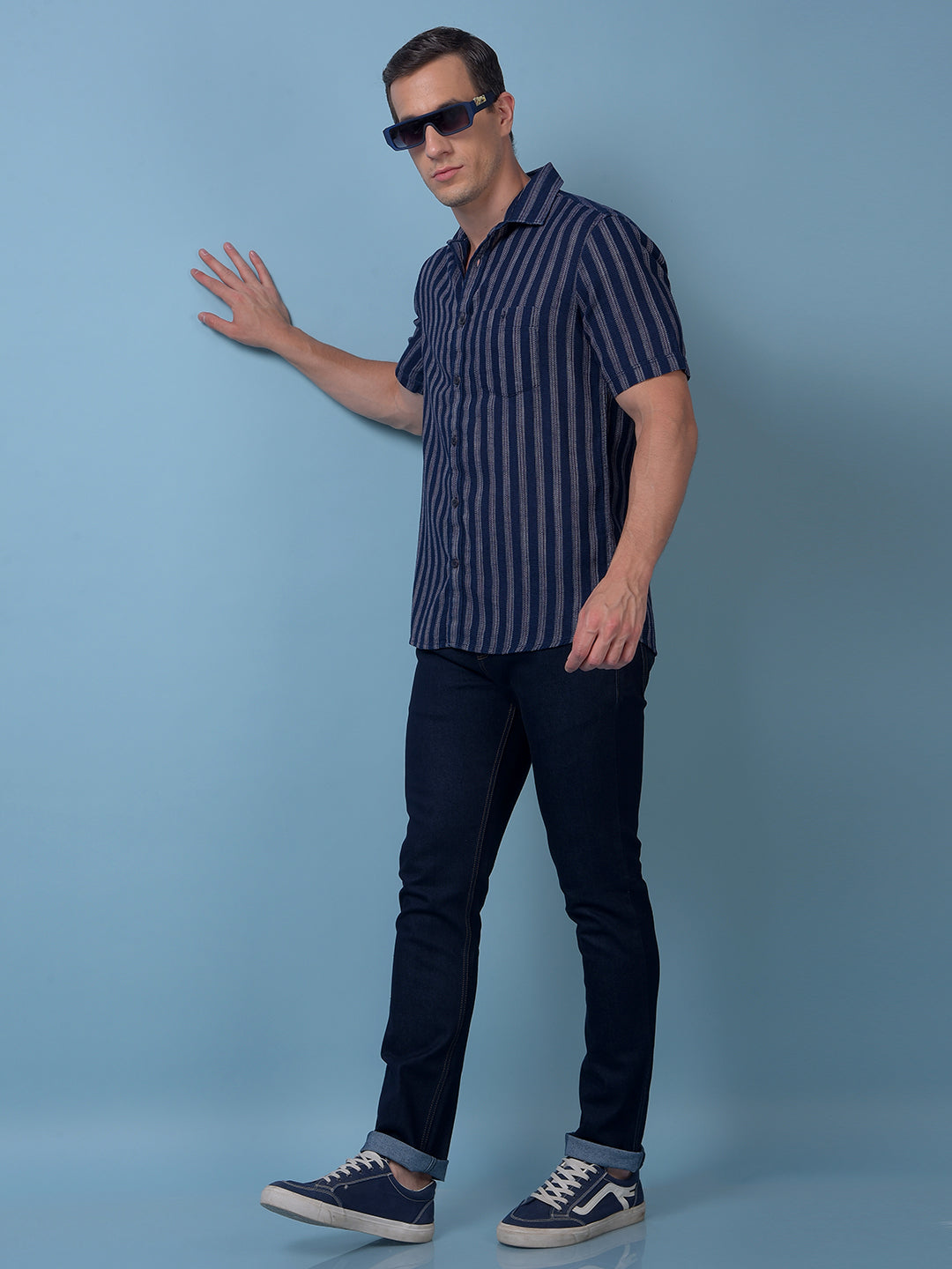 Navy Blue Vertical Stripes 100% Cotton Shirt