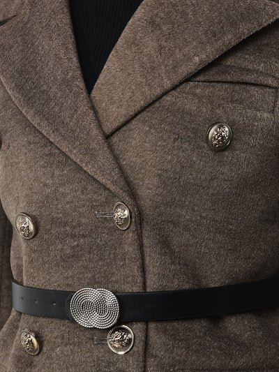 Brown Notched Lapel Double-Breasted Coat With Belt