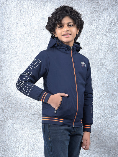 Navy Blue Typographic Print Hooded Neck Bomber Jacket