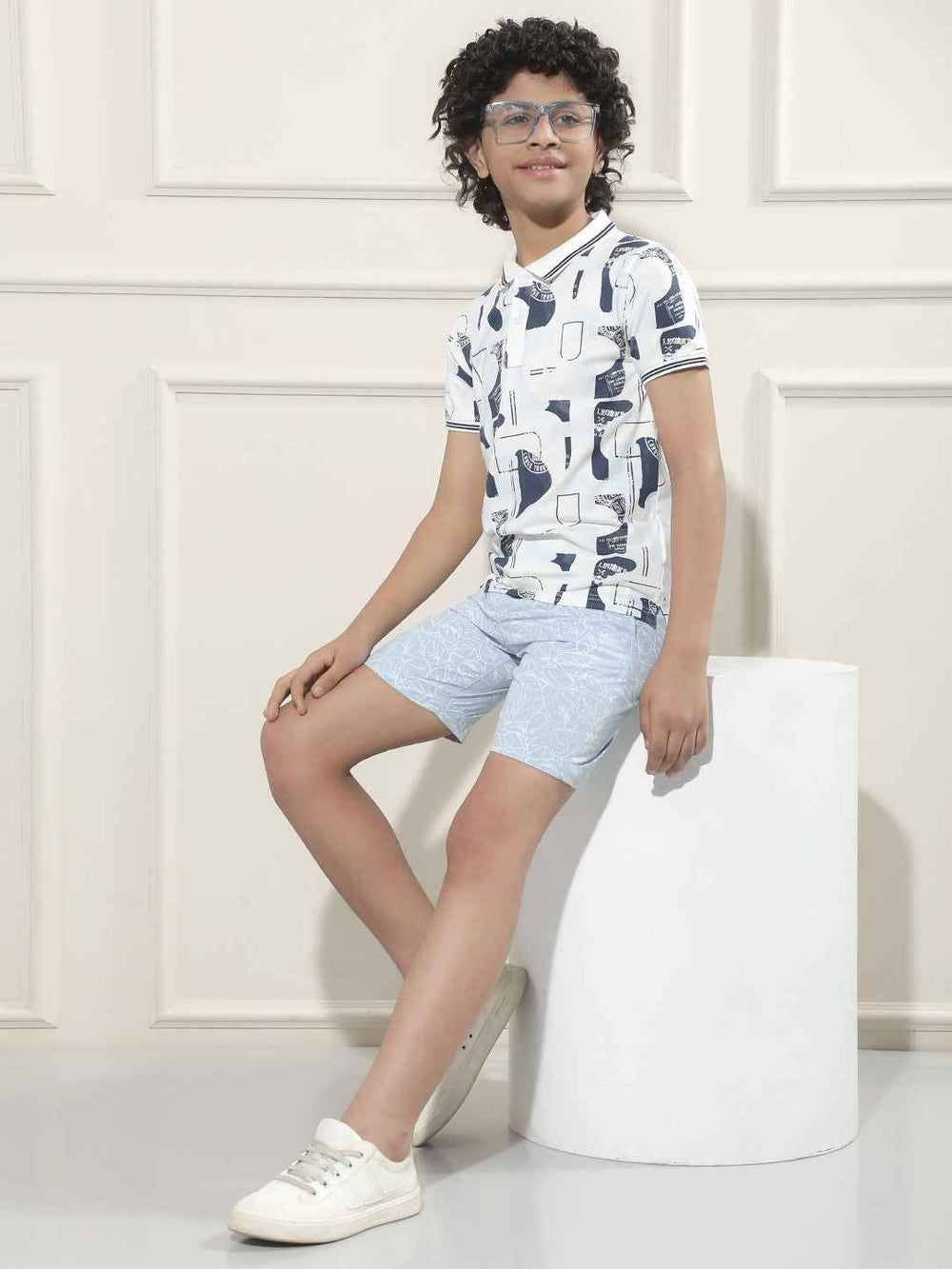 Blue Graphic Print Polo Neck T-Shirt