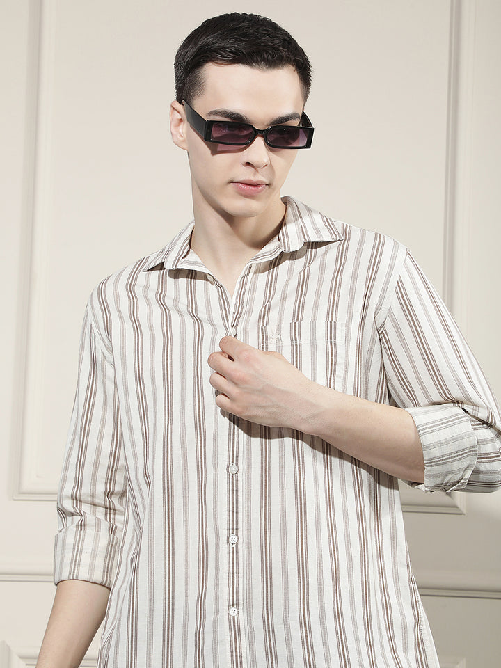 Brown Vertical Stripes Linen Shirt