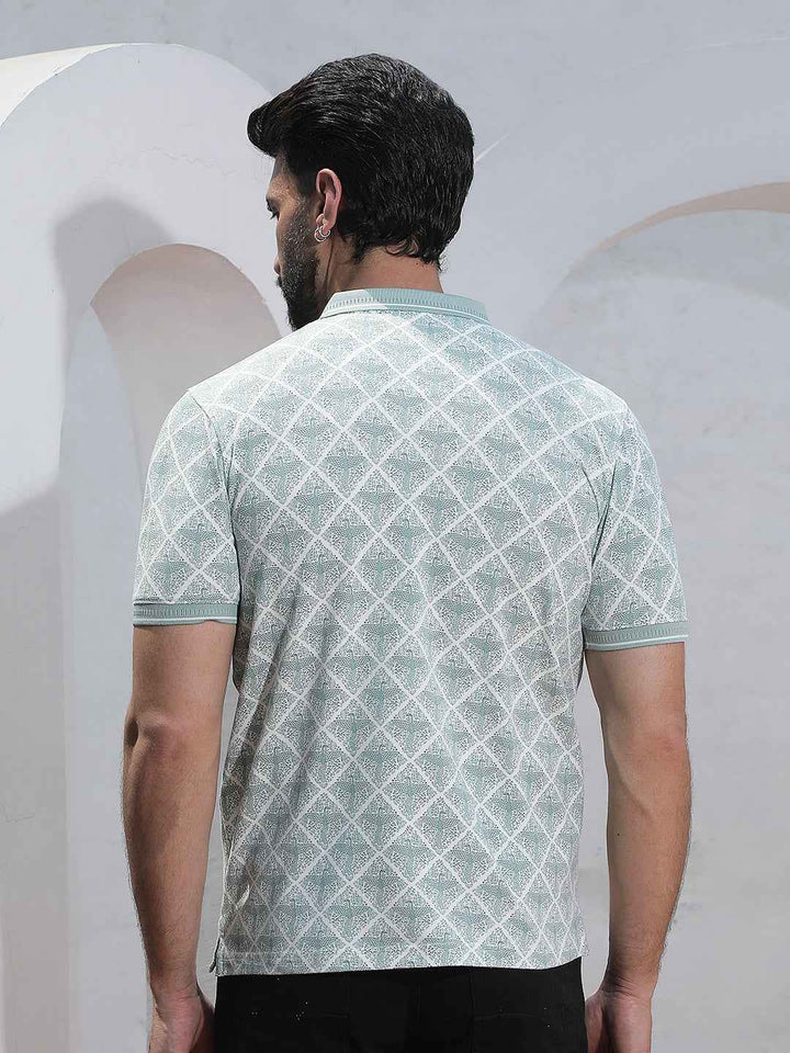 Green Printed Polo Neck T-Shirt