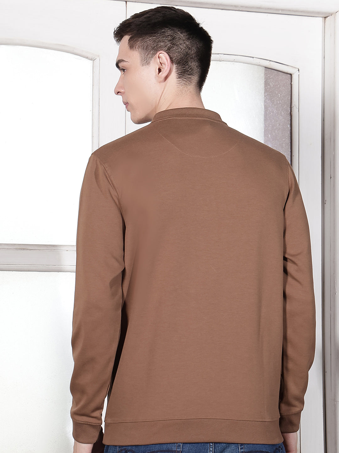 Brown Polo Neck Front Open Sweatshirt