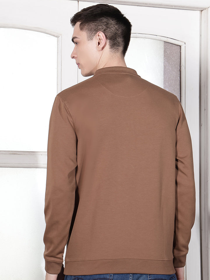Brown Polo Neck Front Open Sweatshirt