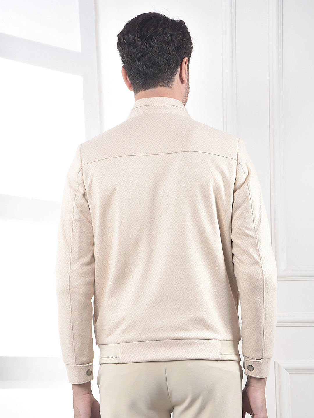 Beige Textured Mock Collar Bomber Jacket