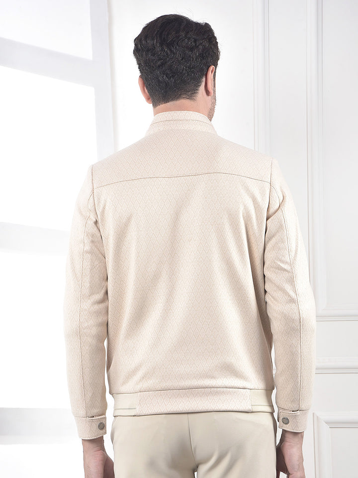 Beige Textured Mock Collar Bomber Jacket